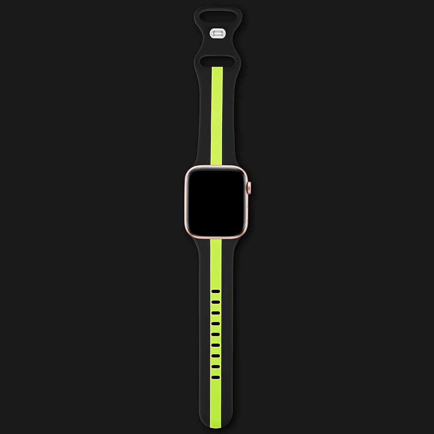 A black and fluro yellow two colour silicon sport strap for apple watch series 9 41mm