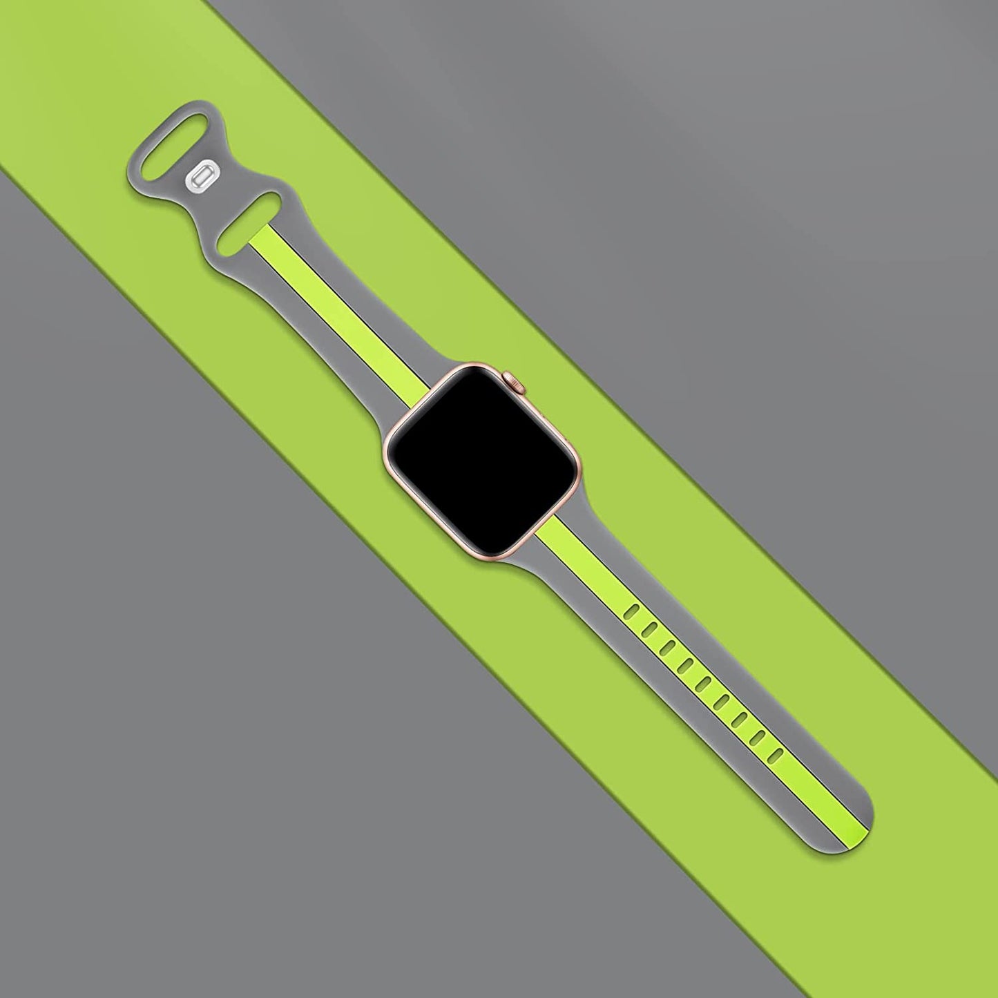 A grey and fluro yellow two colour silicon sport strap for apple watch series 9 41mm