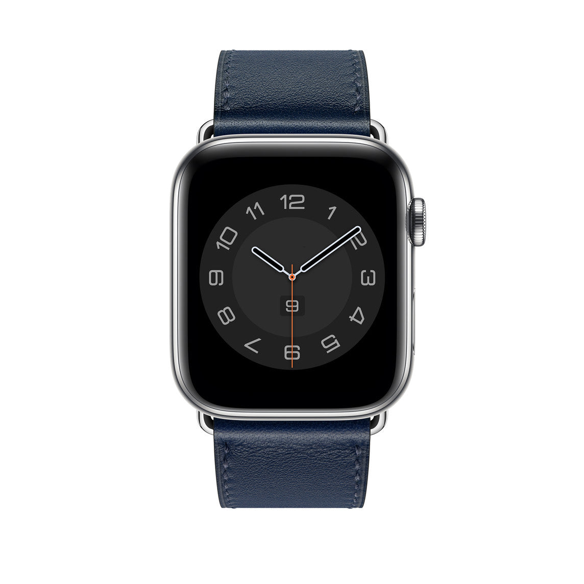 A handmade navy with navy stitching genuine leather single tour watch strap on an apple watch series 11 42mm and 45mm and 46mm.
