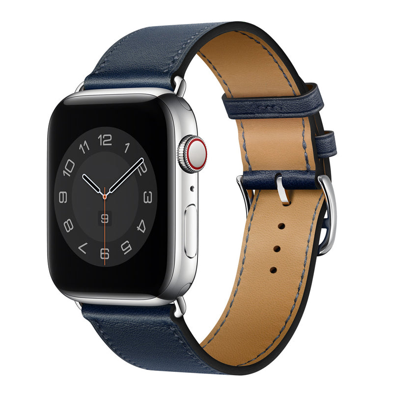 A navy blue colour genuine leather single tour watch strap on an apple watch series 41mm