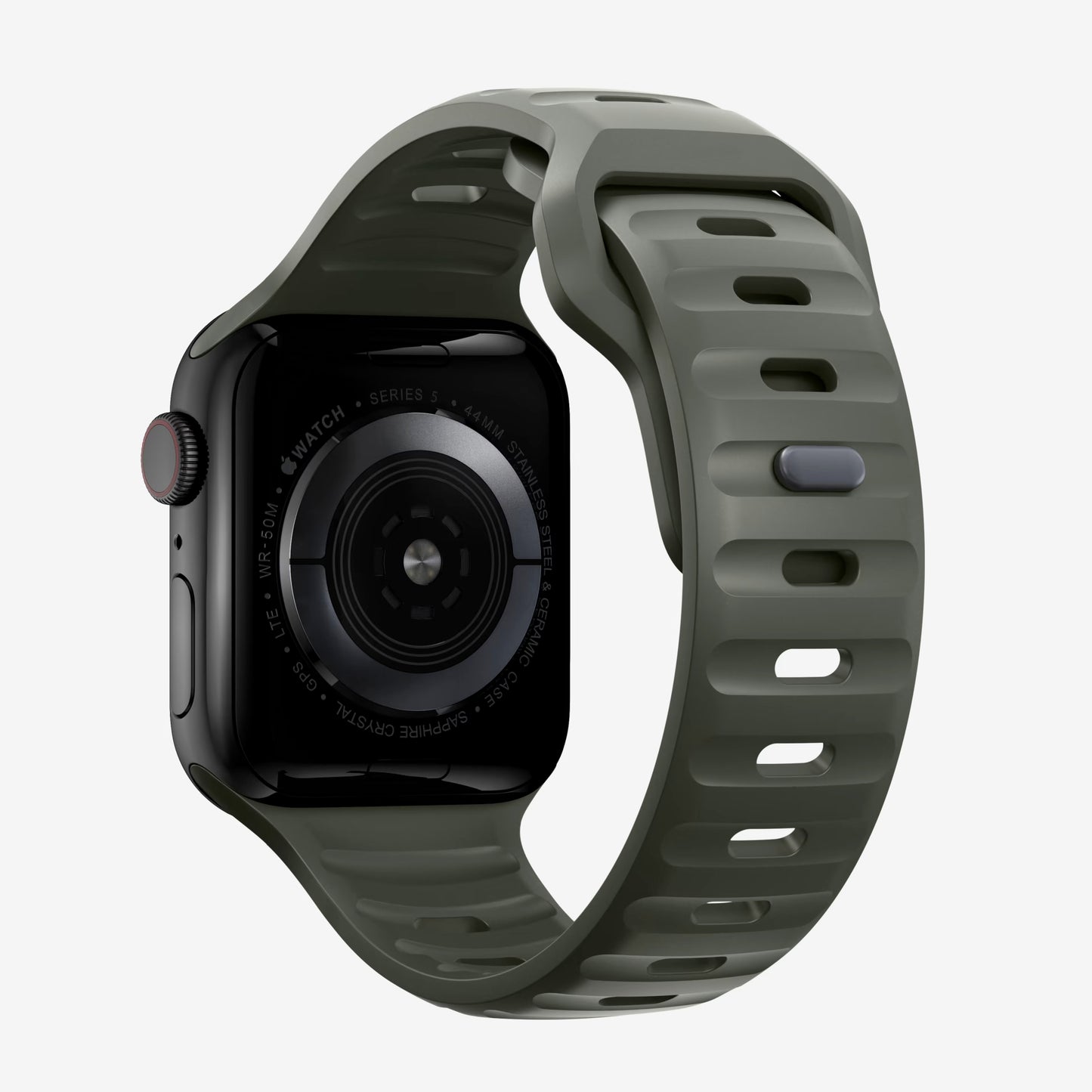 An ash green colour silicon watch strap for apple watch designed for sports and active activities