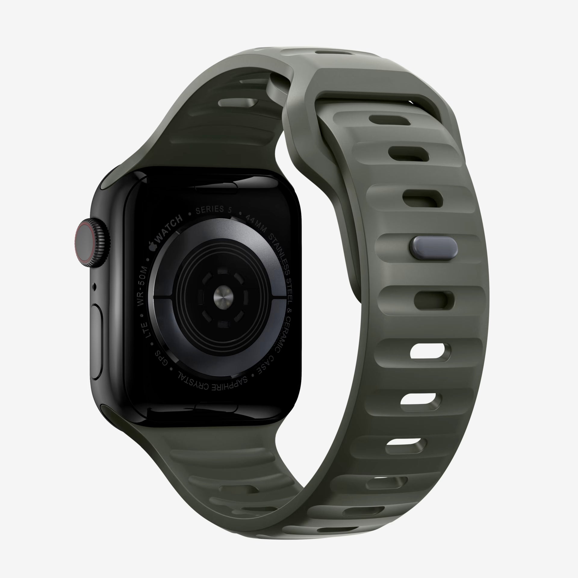 An ash green colour silicon watch strap for apple watch designed for sports and active activities