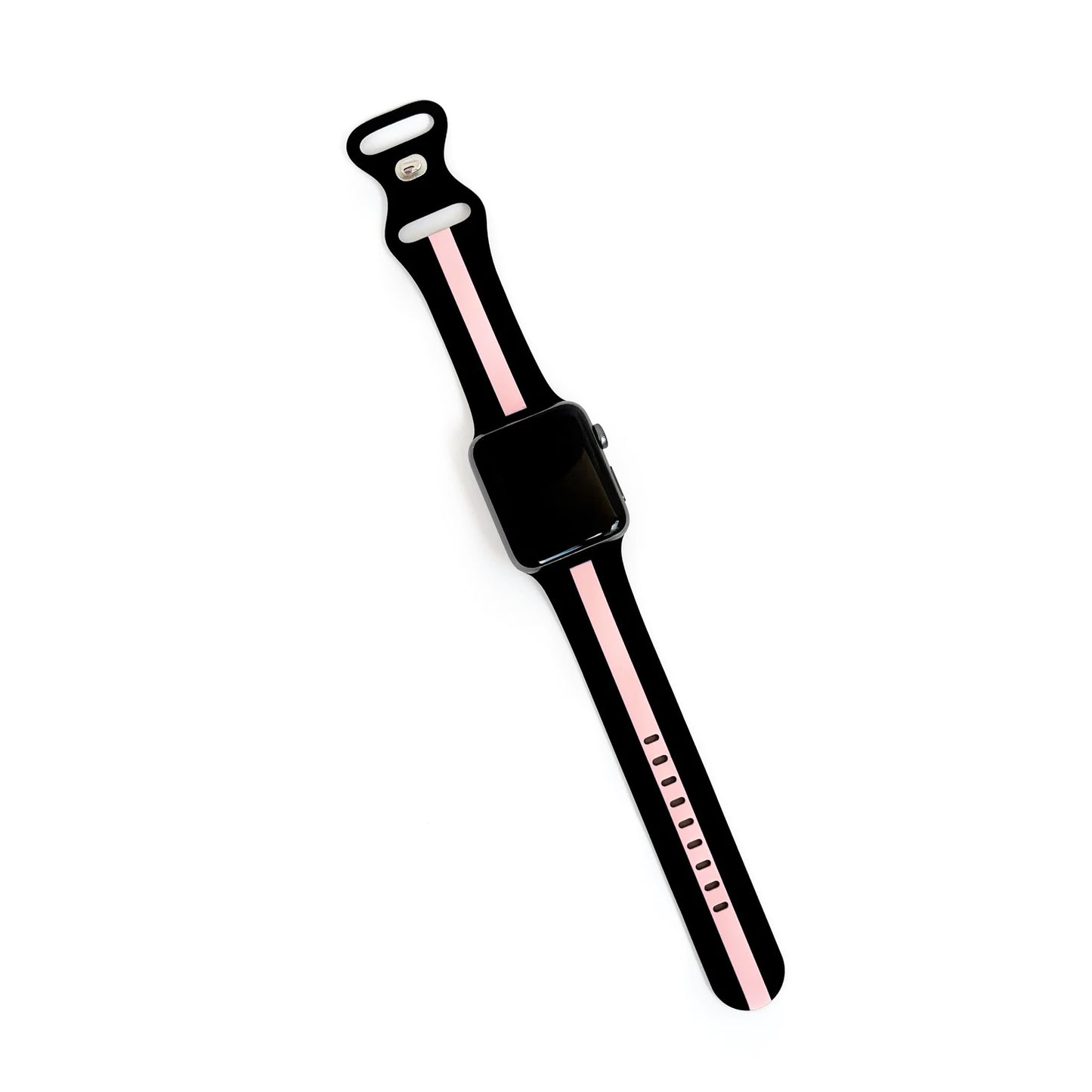 A black and pink two colour silicon sport strap for apple watch series 9 41mm