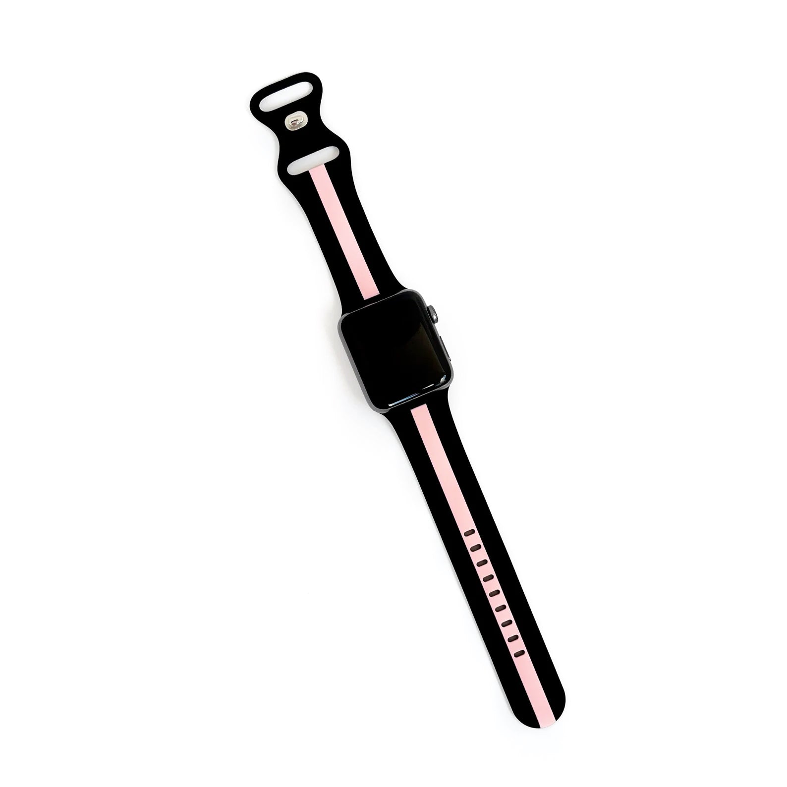 A black and pink two colour silicon sport strap for apple watch series 9 41mm