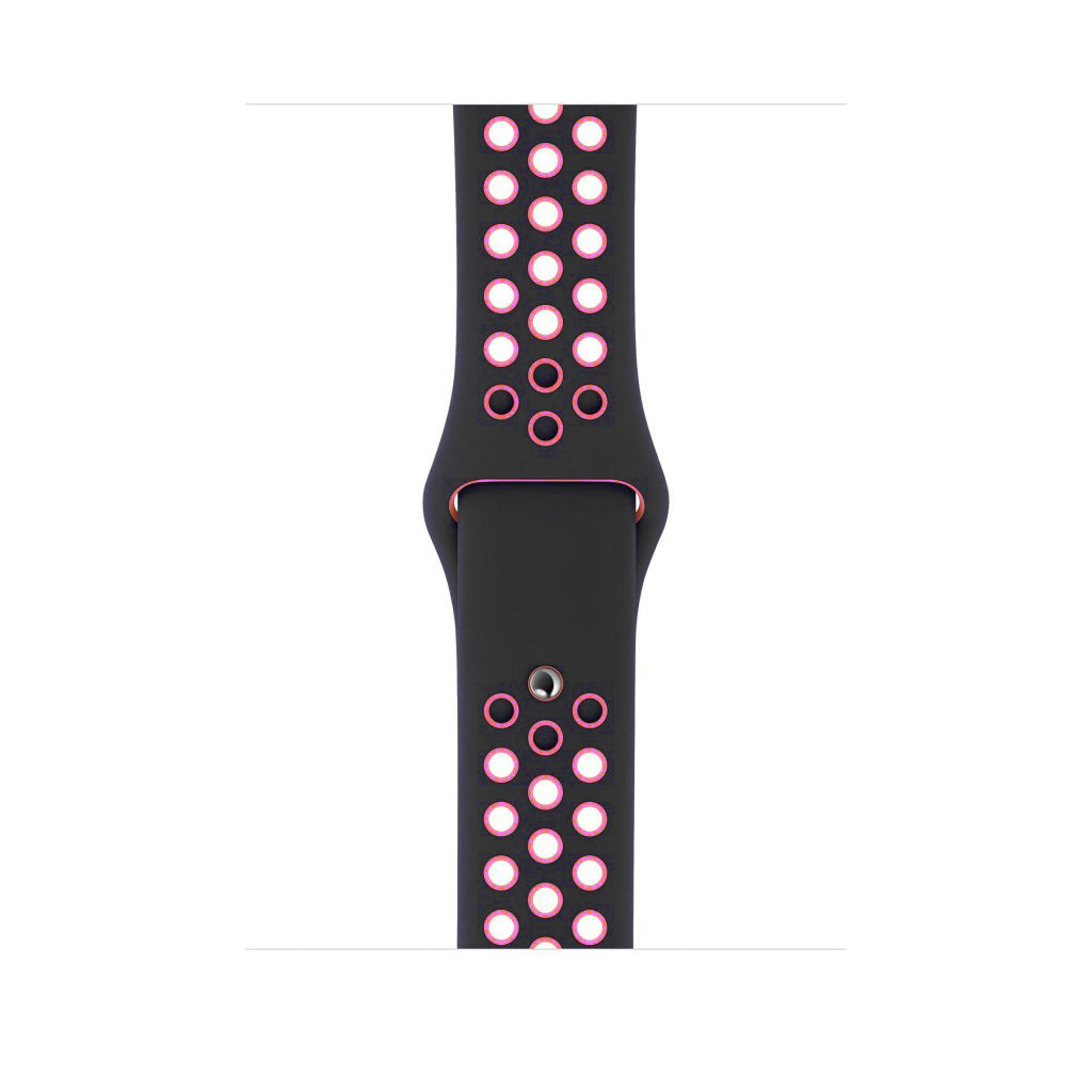black hot pink silicone watch strap for apple watch series 11 42mm 46mm with perforated holes for breathing while running and active sports