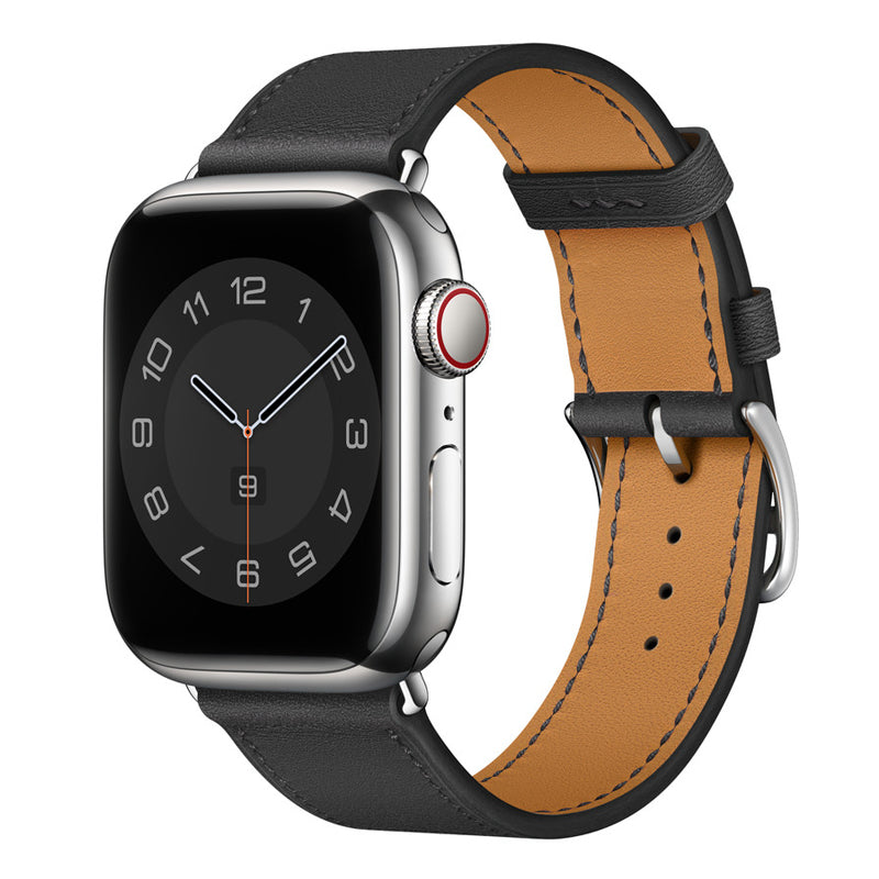 A black colour genuine leather single tour watch strap on an apple watch series 8