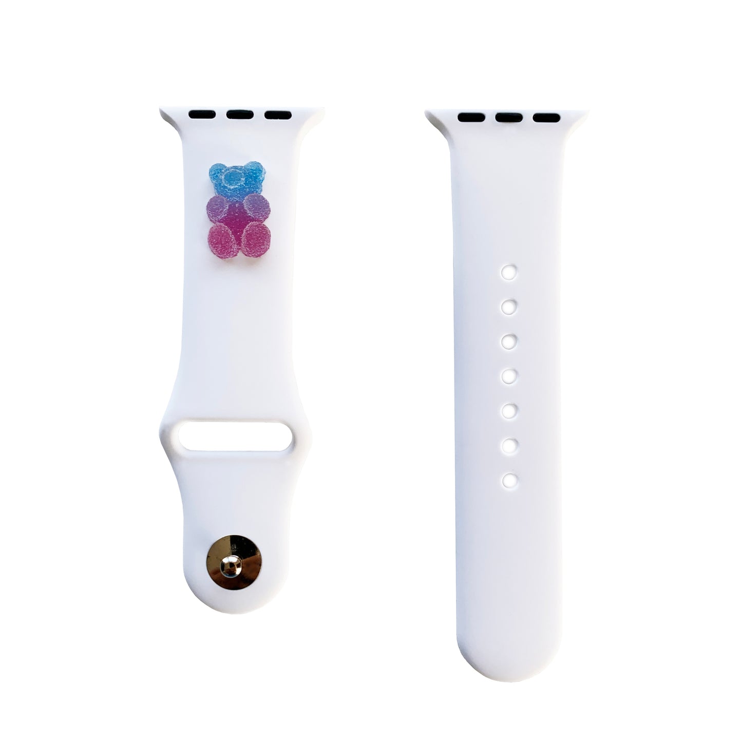 A small blue and purple 3D printed gummy bear attached to a white silicon watch for the apple watch
