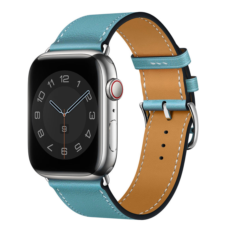 A blue colour genuine leather single tour watch strap on an apple watch series 8