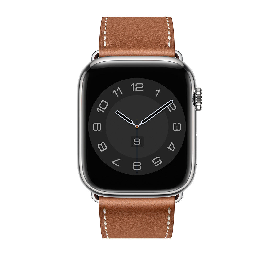 A handmade brown with white stitching genuine leather single tour watch strap on an apple watch series 11 42mm and 45mm and 46mm.