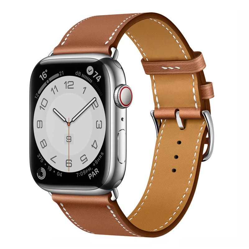 A brown with white stitching genuine leather single tour watch strap on an apple watch series