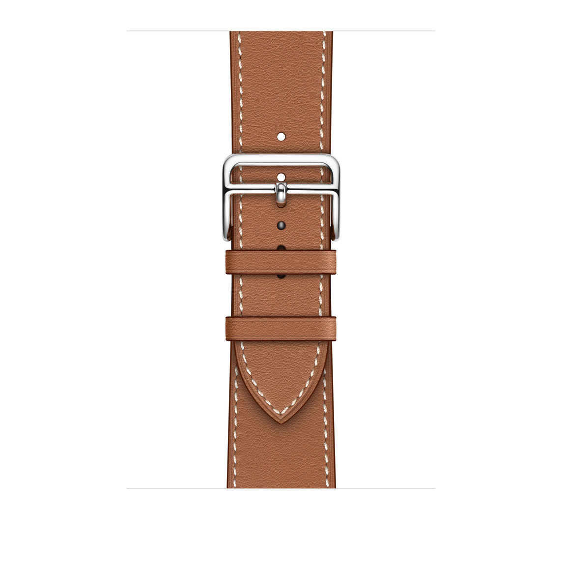 A brown with white stitching genuine leather single tour watch strap on an apple watch series