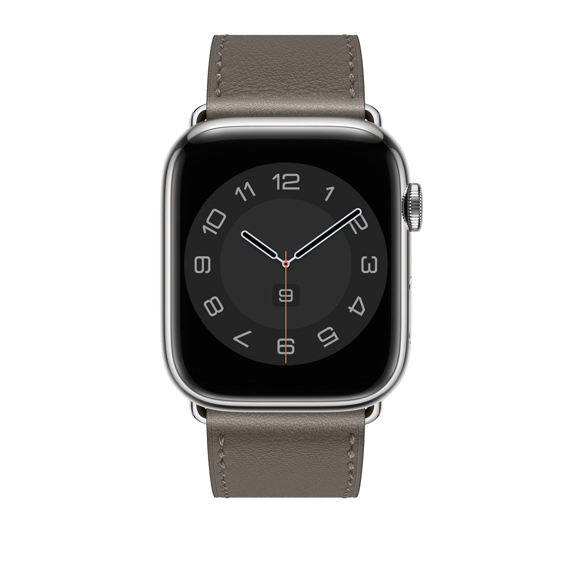 A dark grey colour genuine leather single tour watch strap on an apple watch series 8