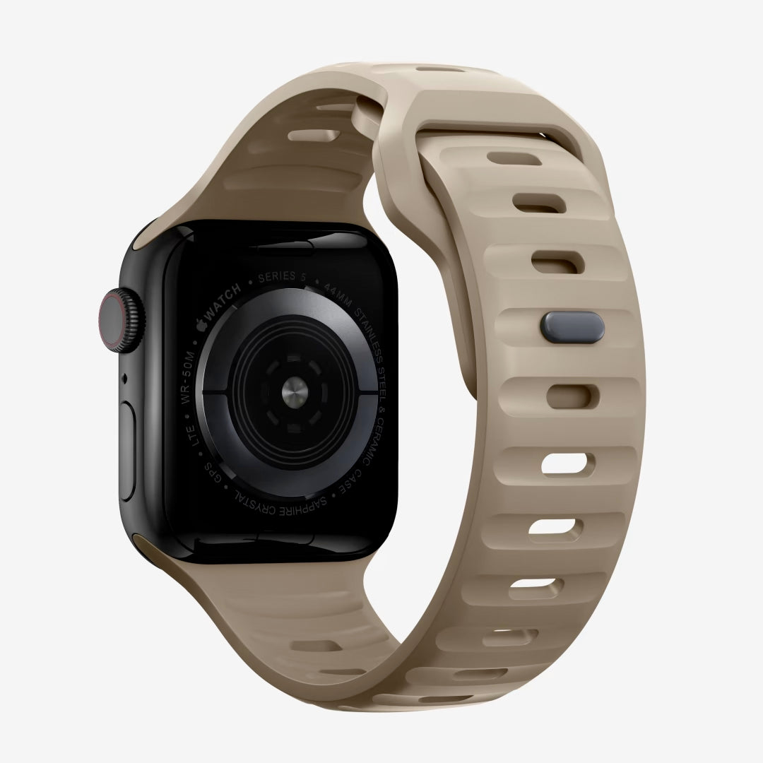 A dune colour silicon watch strap for apple watch ultra designed for active sports and heavy duty activities