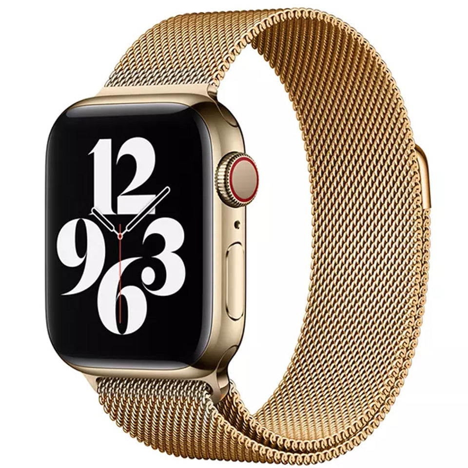 A gold colour stainless steel milanese watch strap for the latest apple watch series 11 46mm and 42mm and Ultra 3