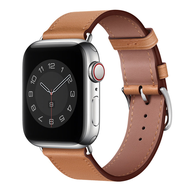 A light brown colour genuine leather single tour watch strap on an apple watch series 8