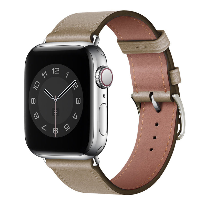 A light grey colour genuine leather single tour watch strap on an apple watch series 8