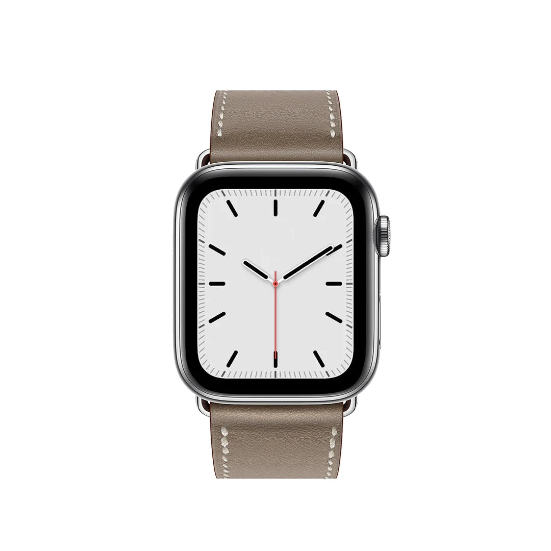 A handmade grey with white stitching genuine leather single tour watch strap on an apple watch series 11 42mm and 45mm and 46mm.