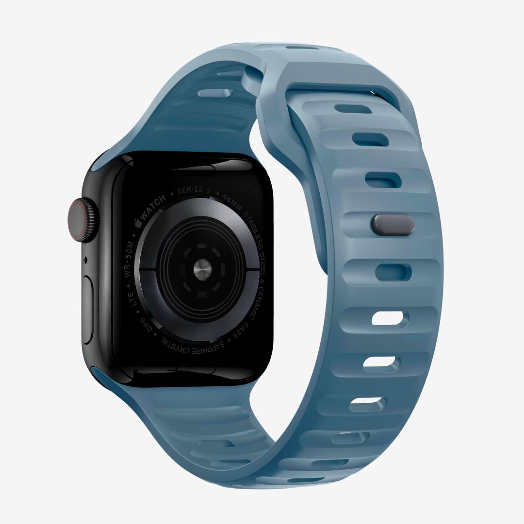 A marine blue colour silicon watch strap on an apple watch series 8