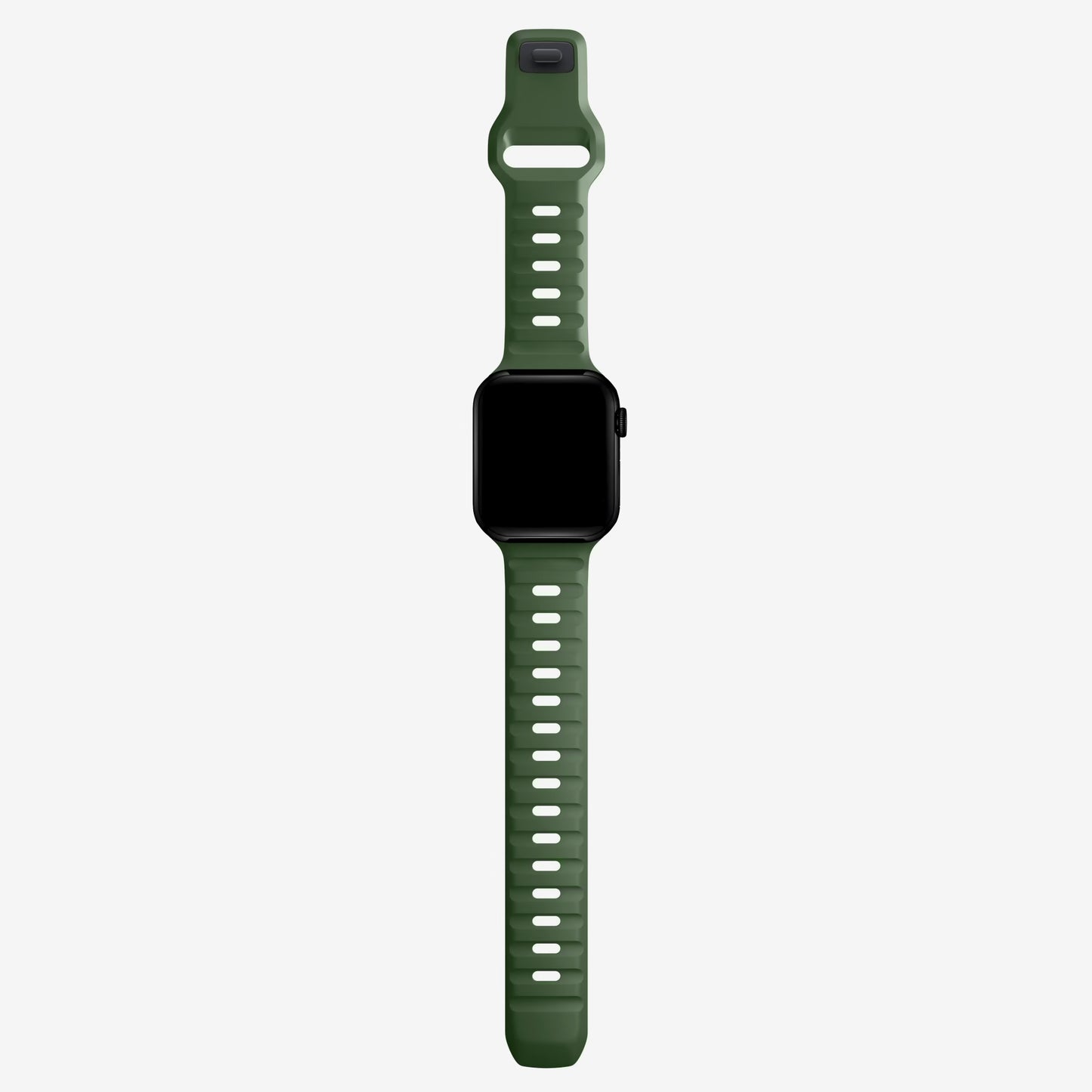 An army green colour silicon watch strap with a grooved interior design for apple watch made for sports and active activities