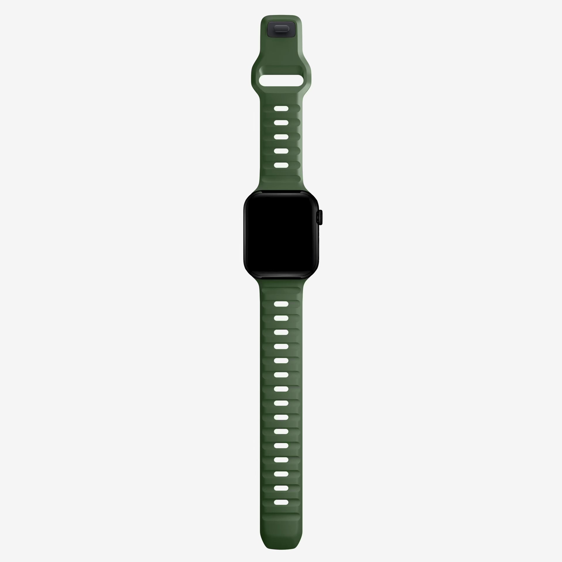 An army green colour silicon watch strap with a grooved interior design for apple watch made for sports and active activities