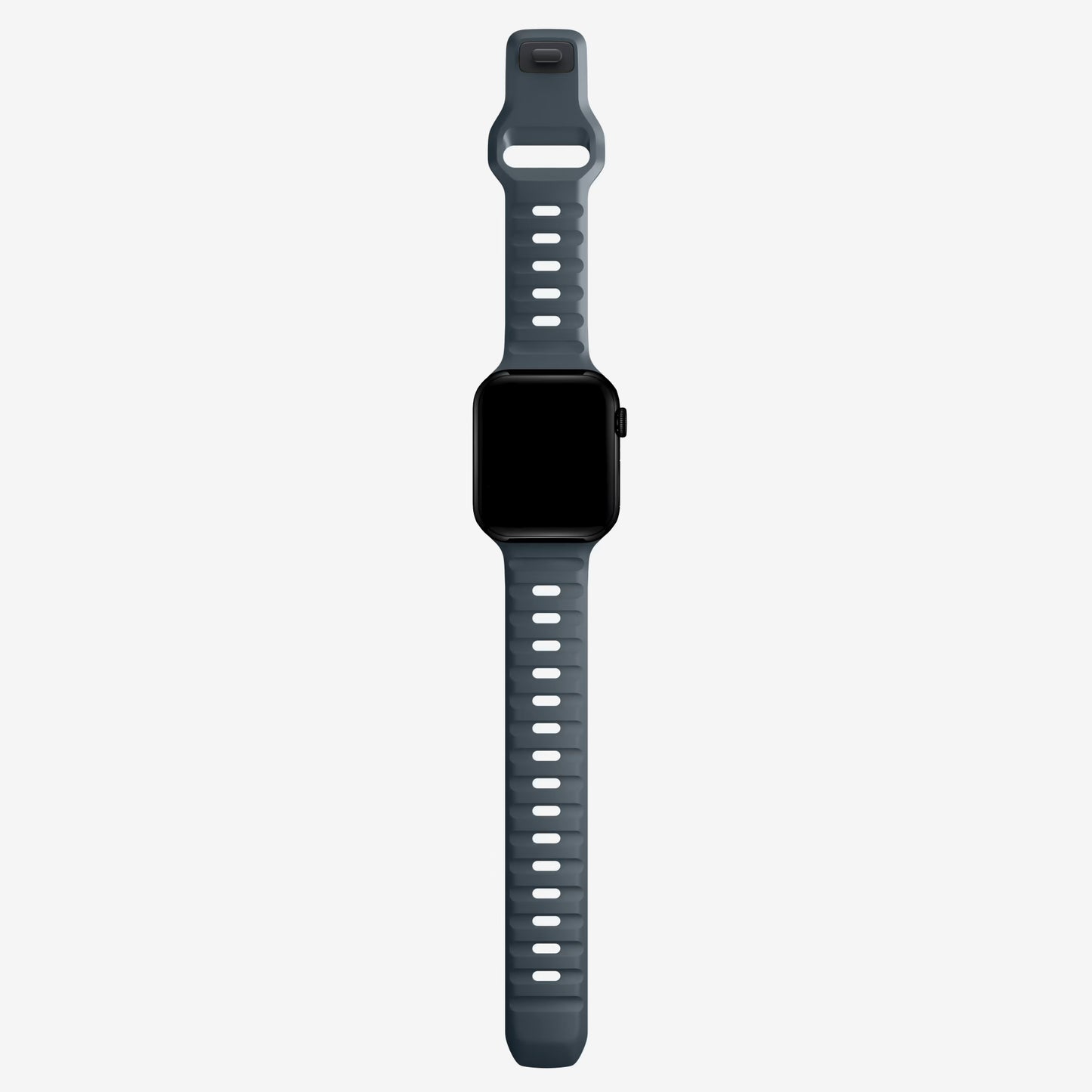 A navy blue colour silicon watch strap on an apple watch series 8