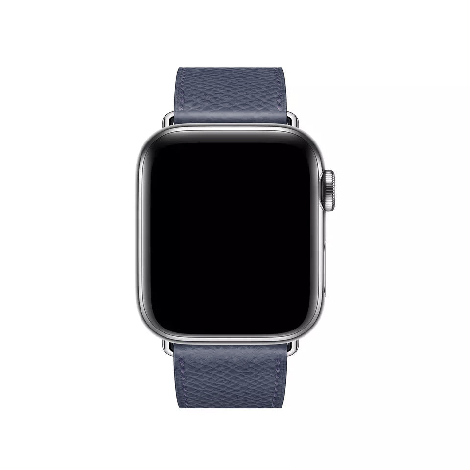 A navy blue colour genuine leather single tour watch strap on the latest apple watch