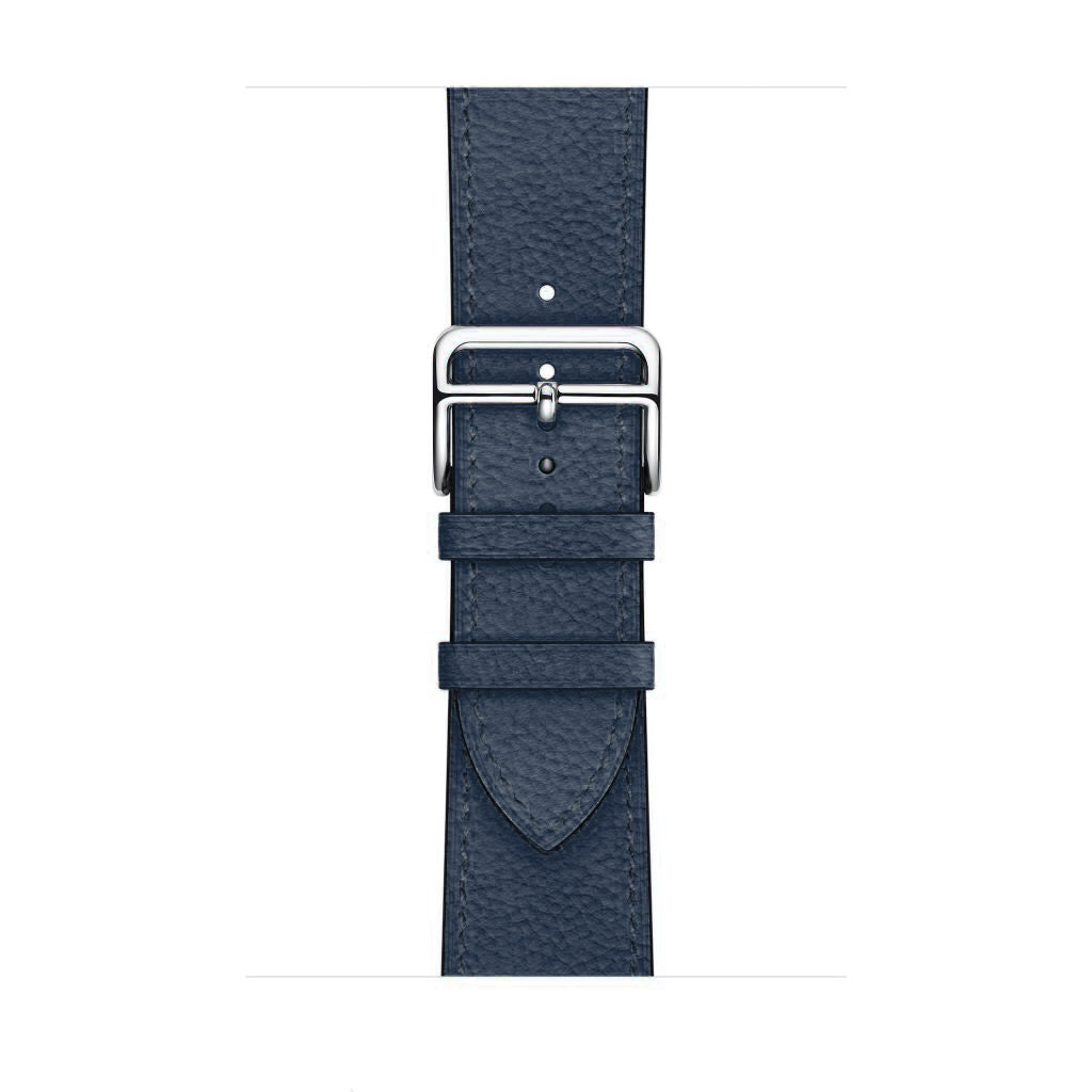A navy blue colour genuine leather single tour watch strap on the latest apple watch