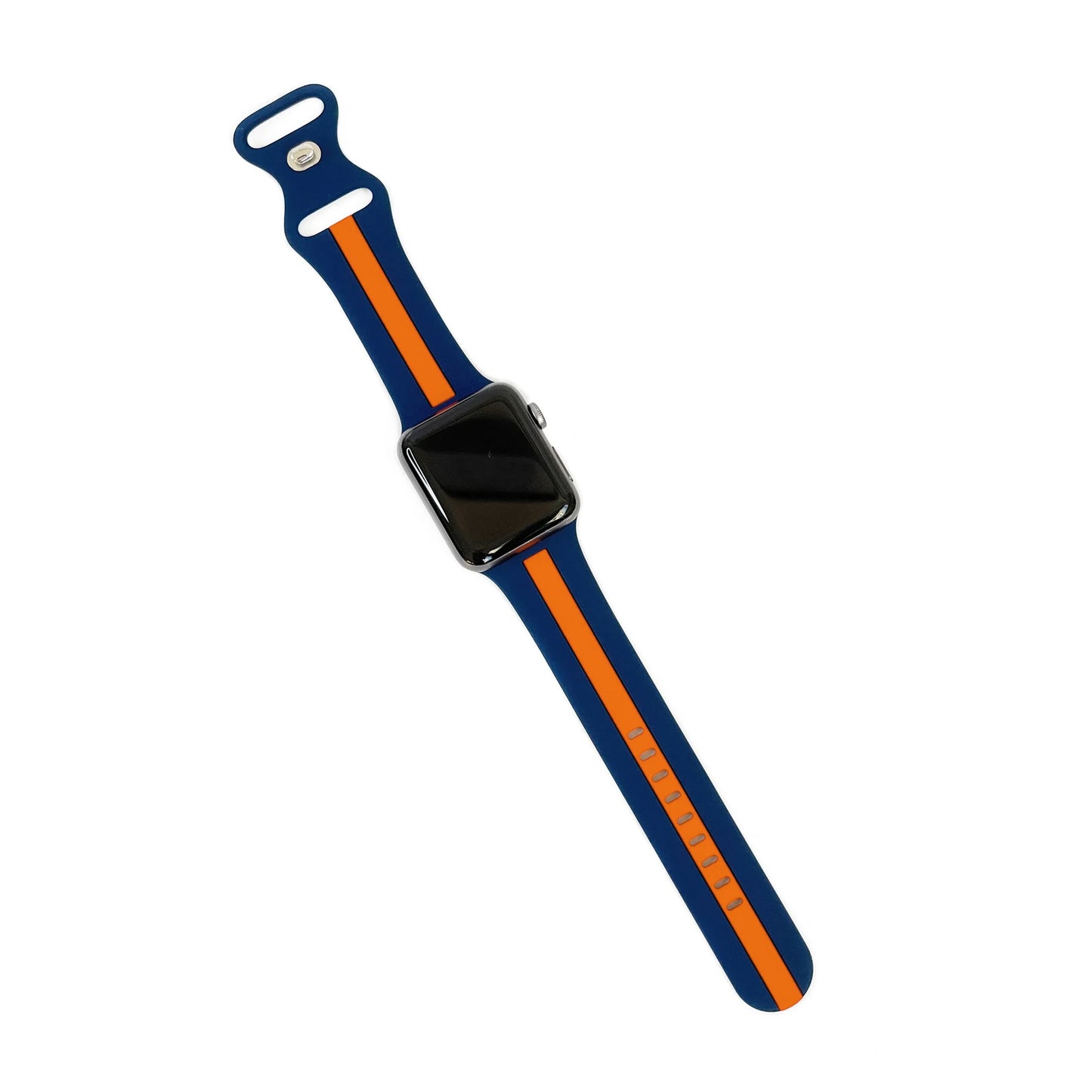 A navy and orange two colour silicon sport strap for apple watch series 9 41mm