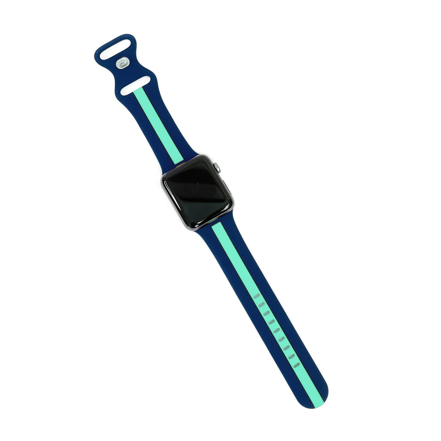 A navy and teal two colour silicon sport strap for apple watch series 9 41mm