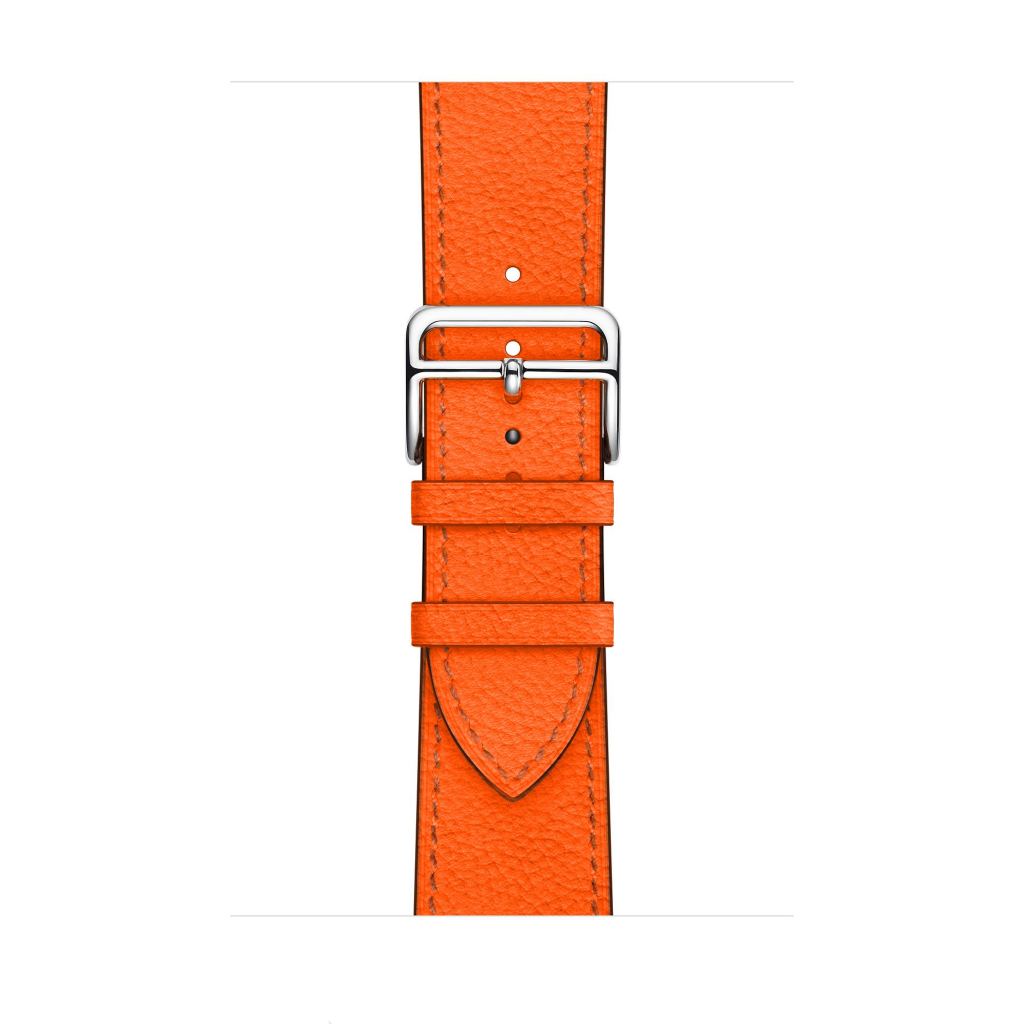 A orange colour genuine leather single tour watch strap on an apple watch series 8