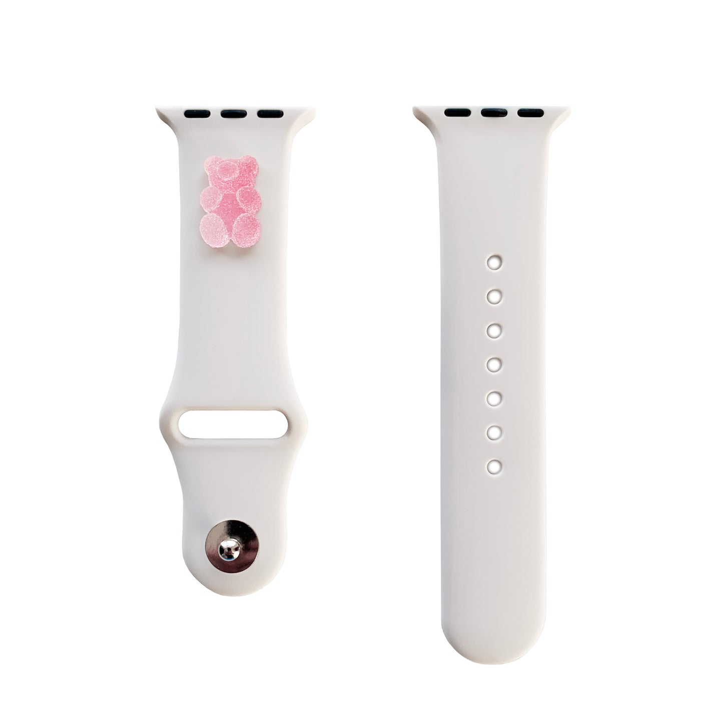 A small pink 3D printed gummy bear attached to a starlight silicon watch band for the apple watch