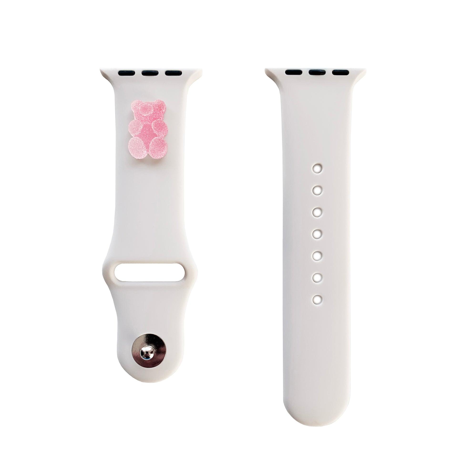 A small pink 3D printed gummy bear attached to a starlight silicon watch band for the apple watch