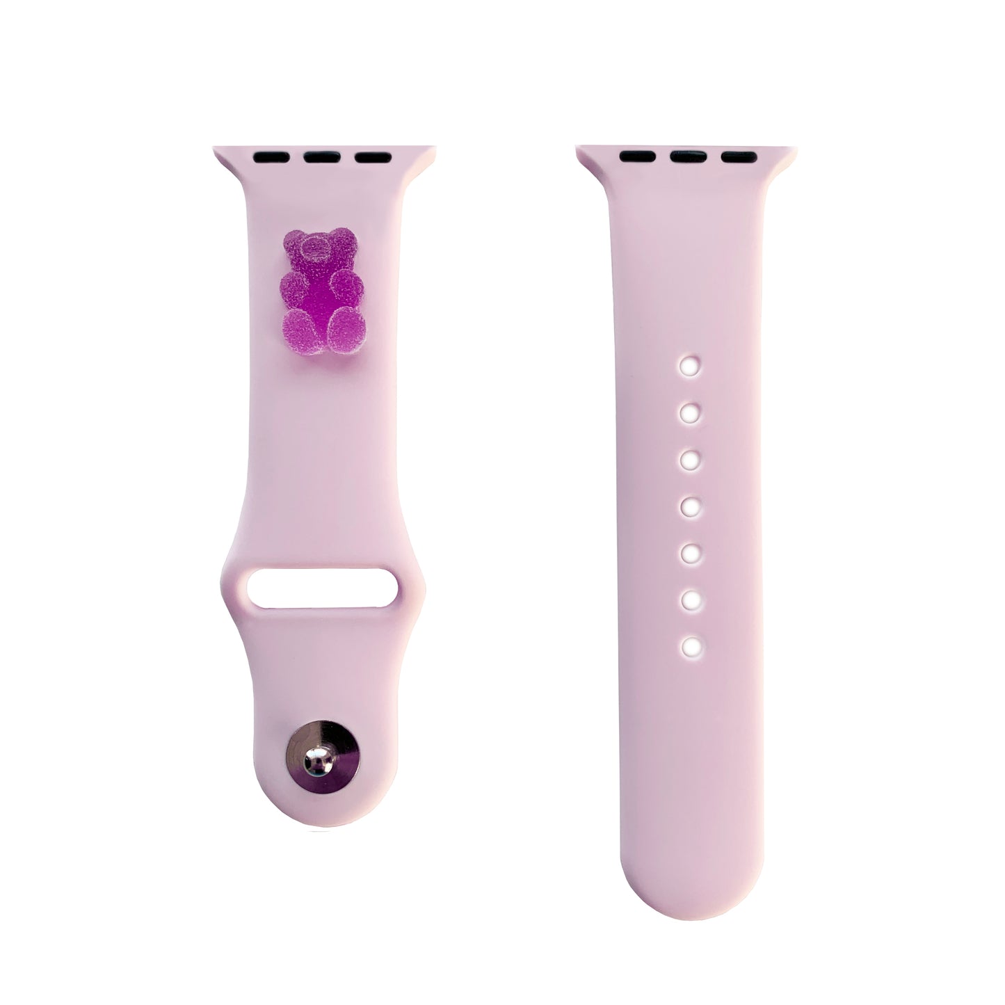 A small purple 3D printed gummy bear attached to a pink silicon watch band for the apple watch