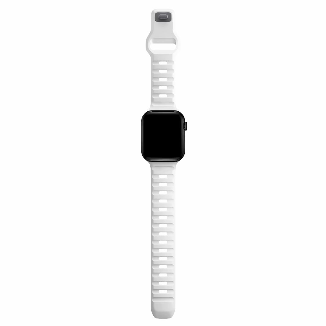 A white colour silicon watch strap for apple watch designed for active sports and heavy duty activities