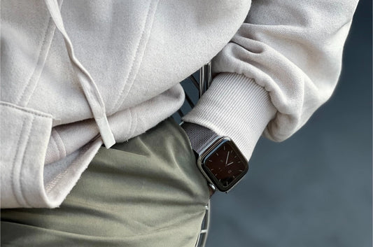 milanese stainless steel metal watch strap for apple watch series 9 45mm and ultra 2 on a male wrist