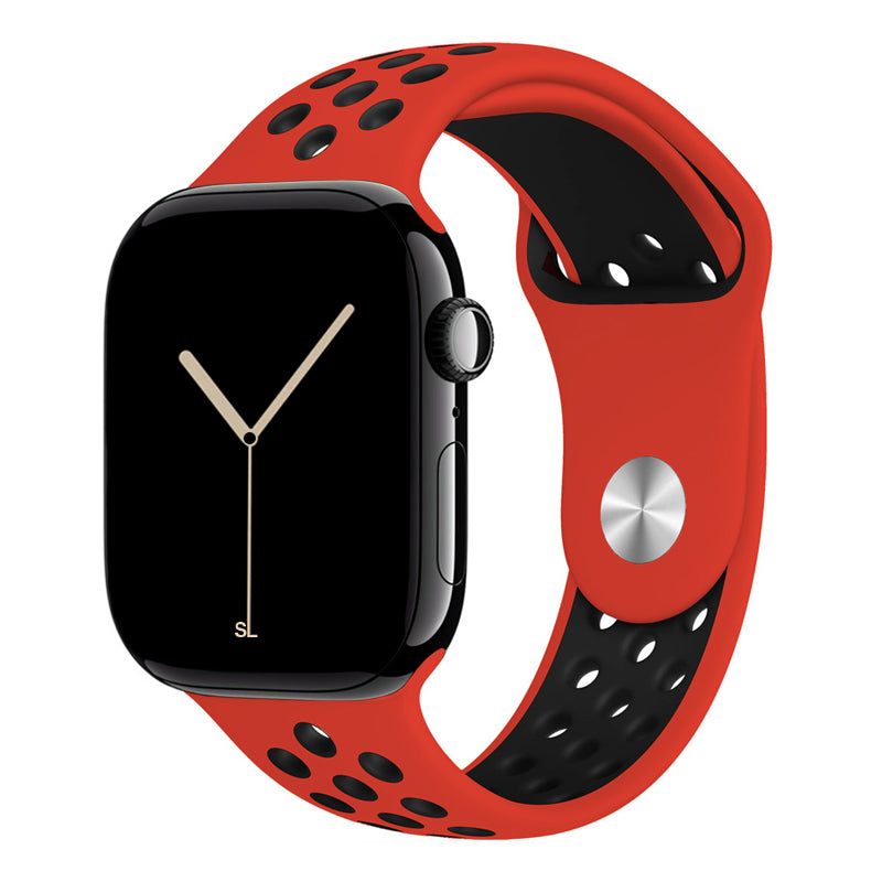red black silicone watch strap for apple watch series 11 42mm 46mm with perforated holes for breathing while running and active sports