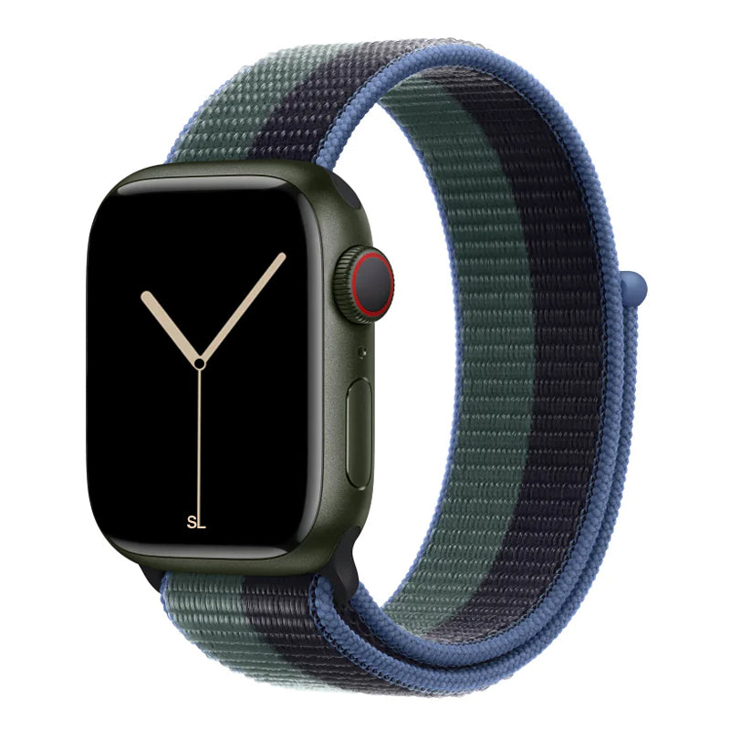 blue green yellow nylon sport loop watch band for apple watch series 10 42mm and 45mm and ultra 2 made from woven nylon
