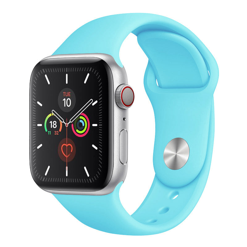 A bright blue shade colour watch strap made from silicone for apple watch series 10 size 42mm and 46mm on a display band