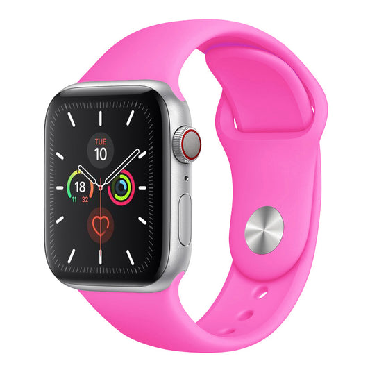 A hot pink colour silicone sport band on an apple watch series 10 size 42mm and 46mm on a display stand