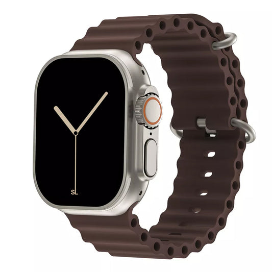 A Brown colour watch strap band made from silicone  with two metal buckles on an Apple watch series 10 42mm/ 45mm/ 46mm and ultra 2 designed for the ocean and active sports