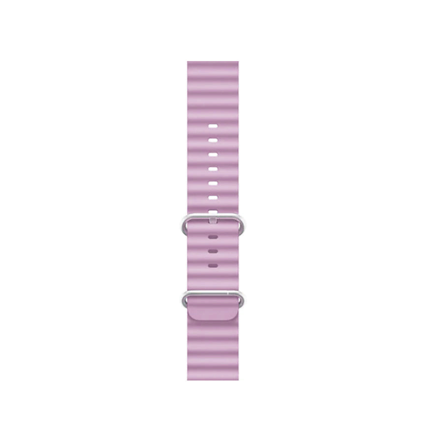 A light purple colour silicon watch strap with two buckles on an apple watch series 9 and ultra 2 designed for the ocean which is also called an ocean band