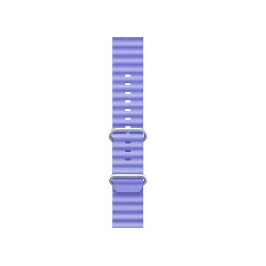 A lilac colour silicon watch strap with two buckles on an apple watch series 9 and ultra 2 designed for the ocean which is also called an ocean band