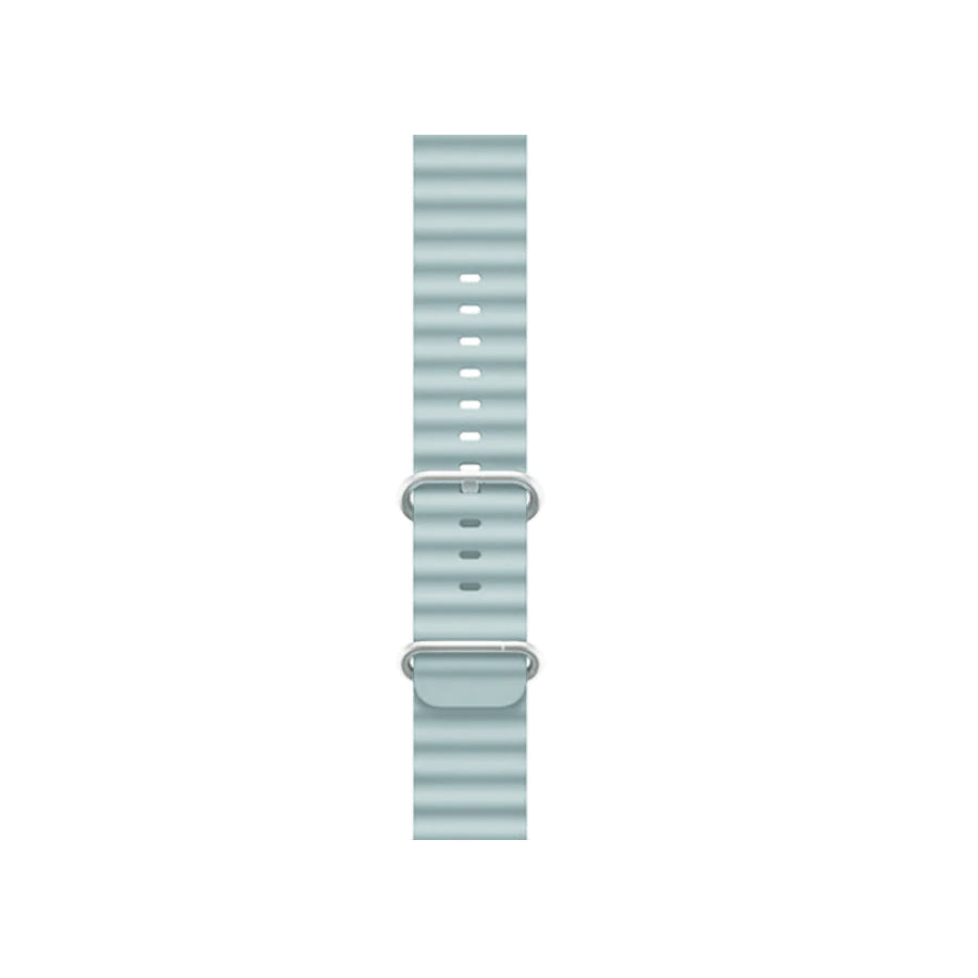 A pale blue colour silicon watch strap with two metal buckles on an apple watch series 9 and ultra designed for the ocean