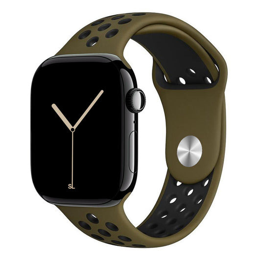olive green black silicone watch strap for apple watch series 11 42mm 46mm with perforated holes for breathing while running and active sports
