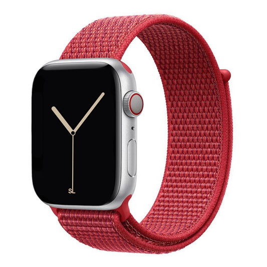 red nylon sport loop watch band for apple watch series 10 42mm and 45mm and ultra 2 made from woven nylon