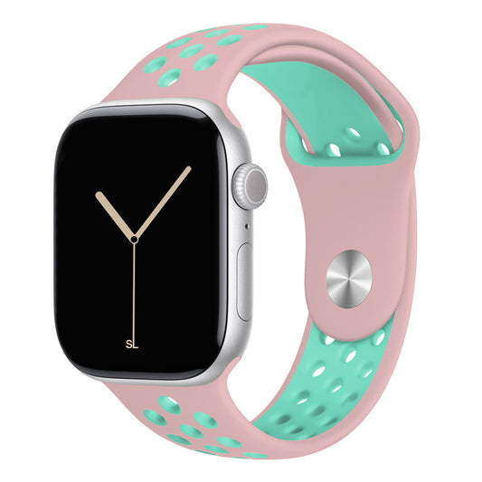pink mint green silicone watch strap for apple watch series 11 42mm 46mm with perforated holes for breathing while running and active sports