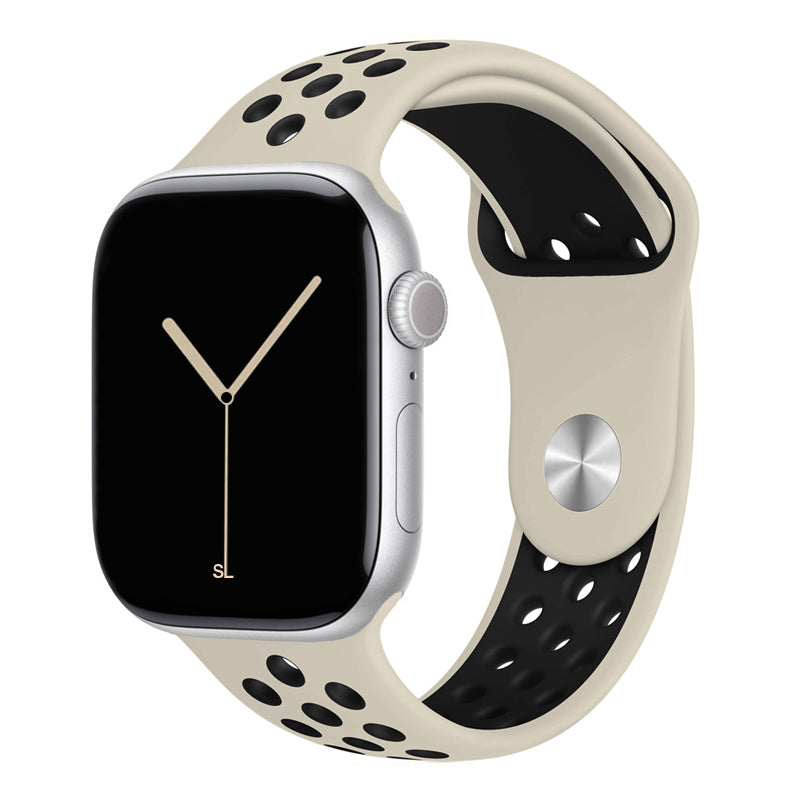 beige black silicone watch strap for apple watch series 11 42mm 46mm with perforated holes for breathing while running and active sports