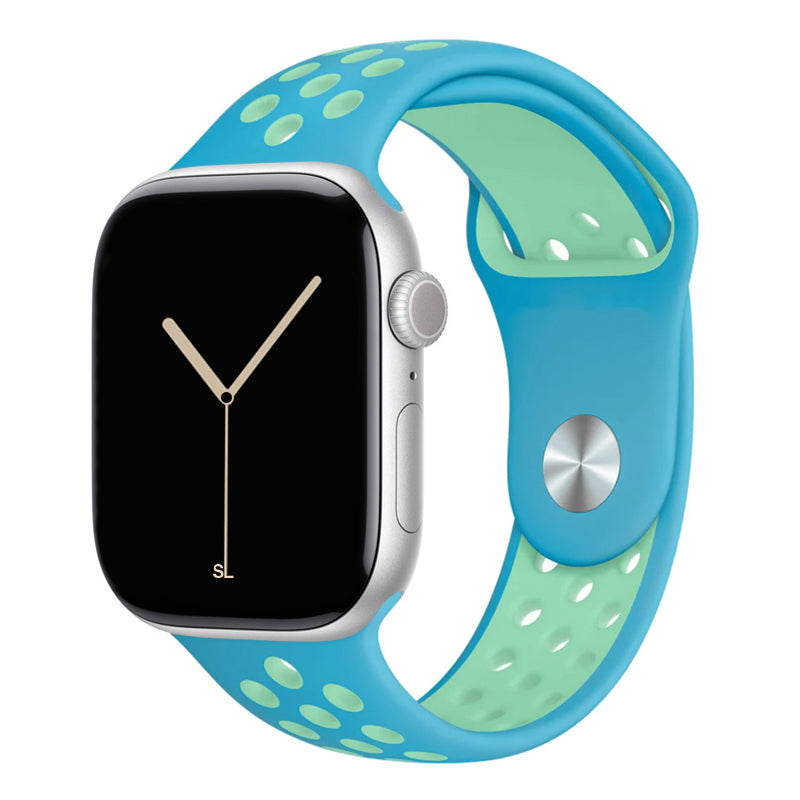 blue light green silicone watch strap for apple watch series 11 42mm 46mm with perforated holes for breathing while running and active sports