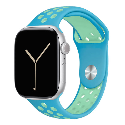 blue light green silicone watch strap for apple watch series 11 42mm 46mm with perforated holes for breathing while running and active sports