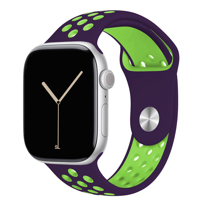 dark purple and green colour silicone watch strap for apple watch series 11 42mm 46mm with perforated holes for breathing while running and active sports